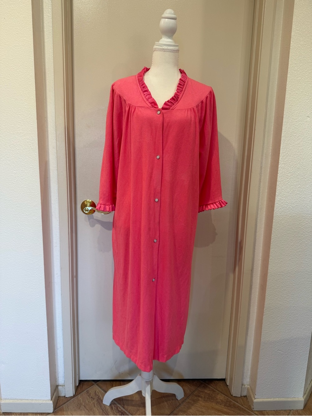Serenity Coral Pink Ruffle-Trim Long Snap-Front Robe